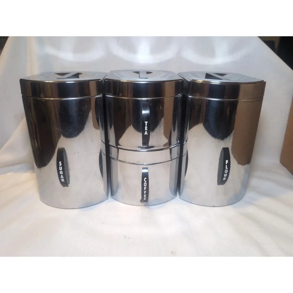 VINTAGE KROMEX MCM CHROME KITCHEN CANISTER SET COFFEE TEA FLOUR  SUGAR